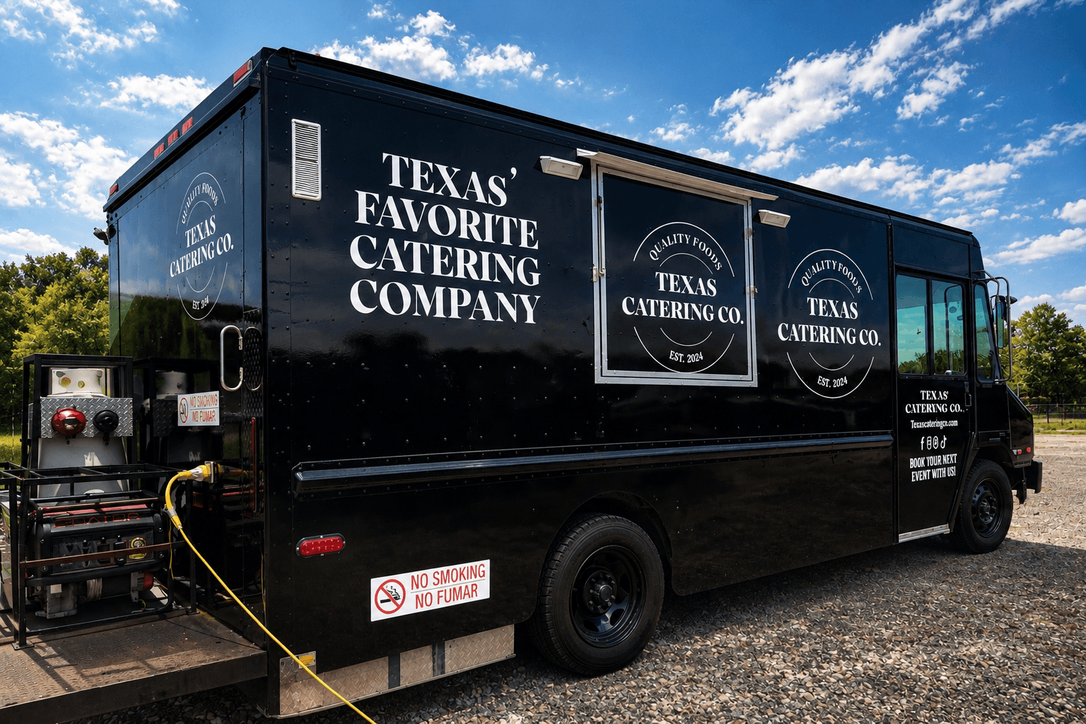 Black catering truck with white text reading 'Texas Favorite Catering Company' and logo, parked outdoors under a blue sky.
