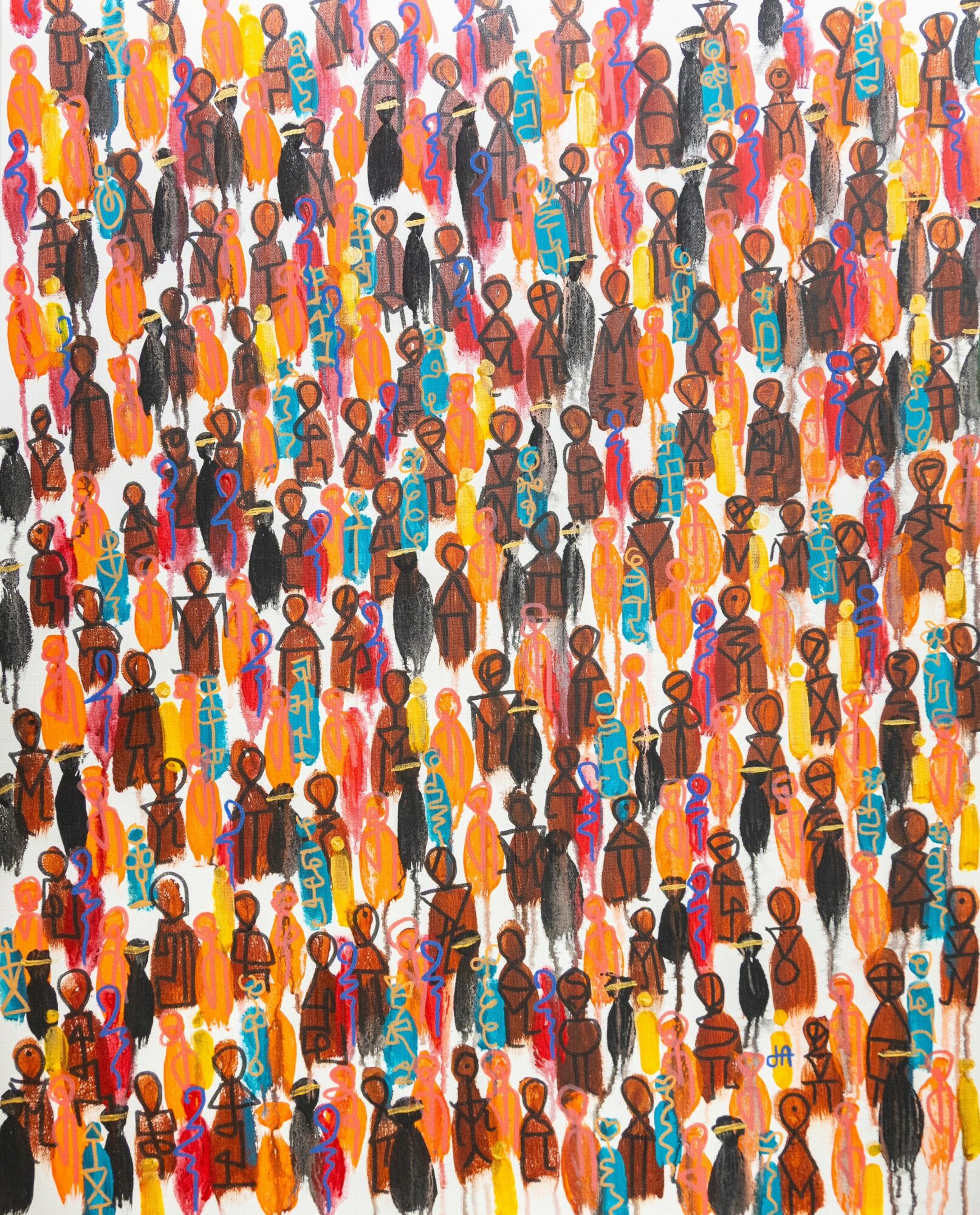 Crowd of diverse people wearing colorful clothing, standing close together, viewed from above, with a white background.
