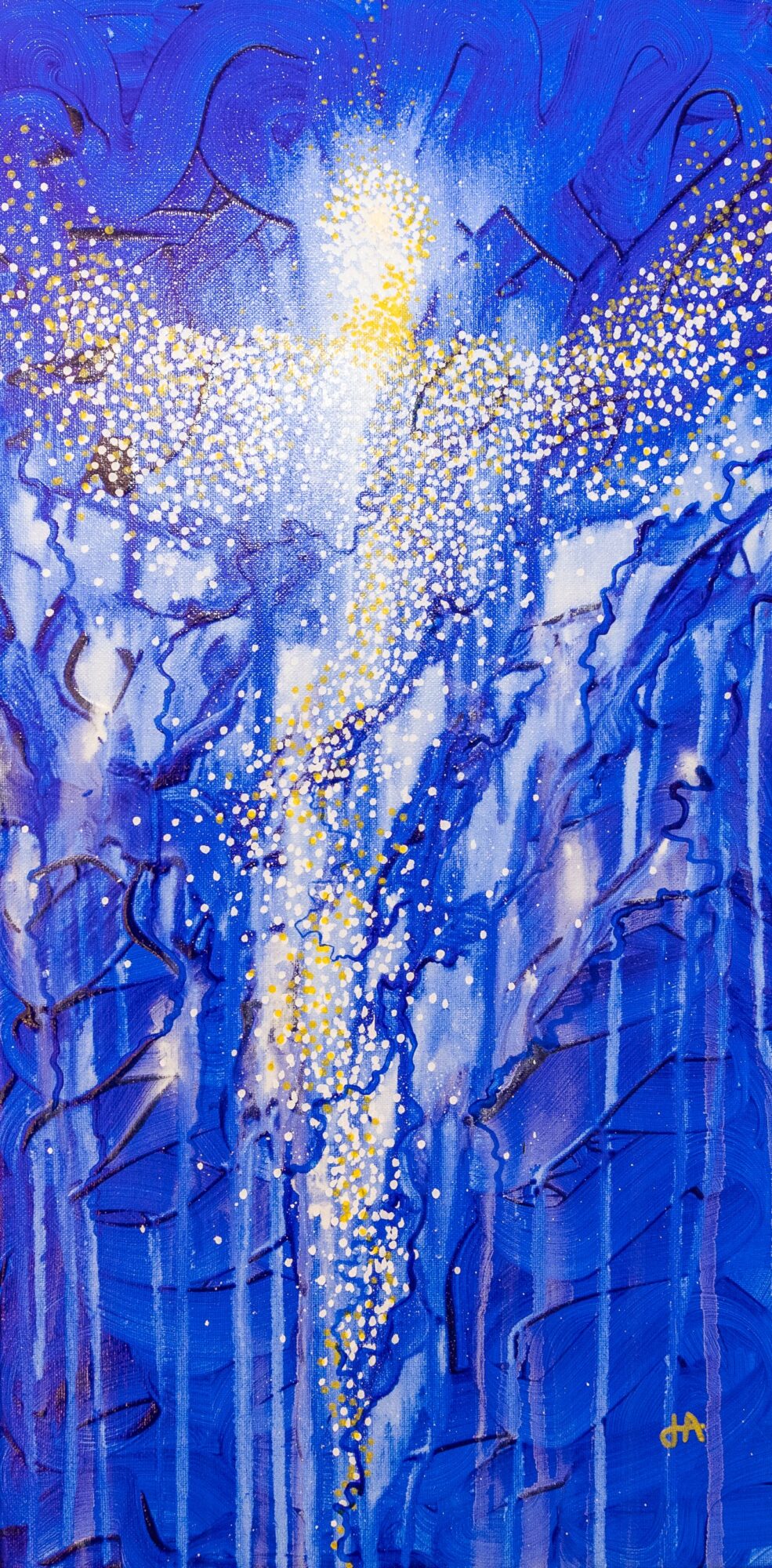 Abstract blue painting with white and yellow splashes resembling a waterfall or explosion, vertical composition, textured appearance.