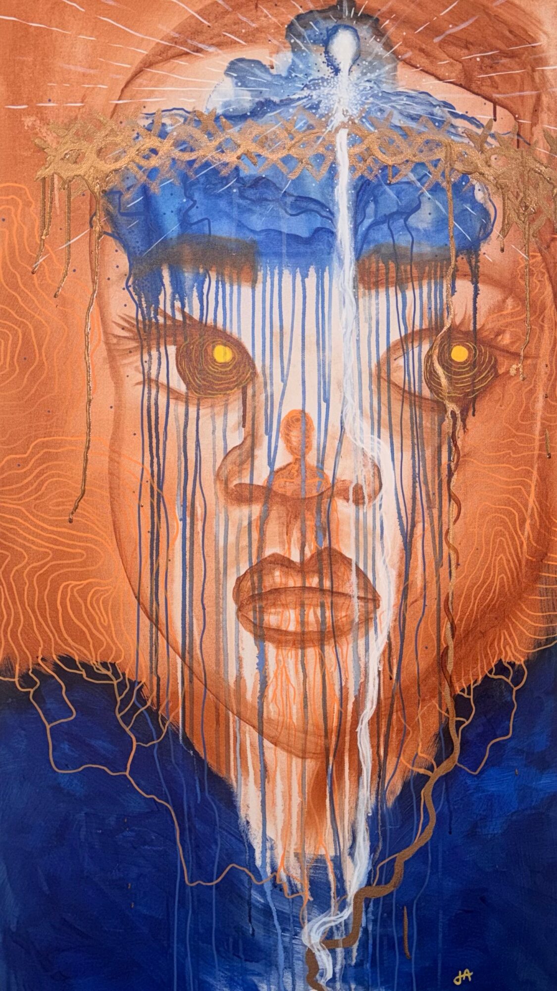 Portrait of a woman with blue paint dripping down her face, intense eyes, and abstract elements above her head.