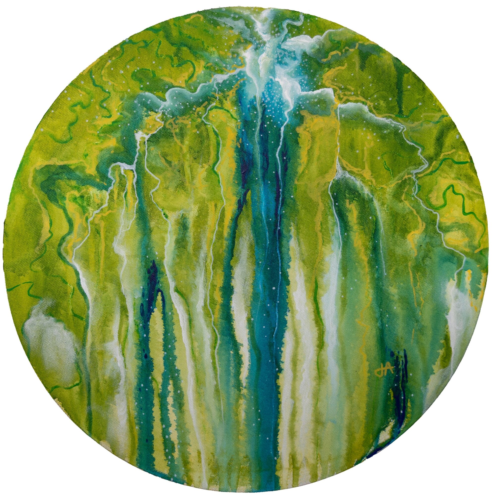 Abstract circular painting with green, blue, and yellow flowing patterns resembling a waterfall or landscape.