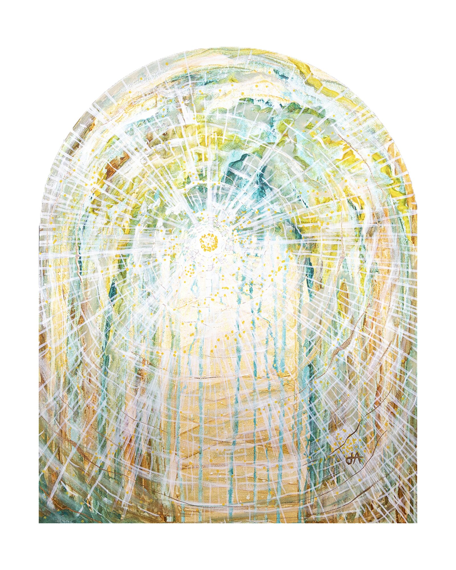 Abstract circular artwork with light colors and intricate patterns, resembling a stained glass window or mandala.