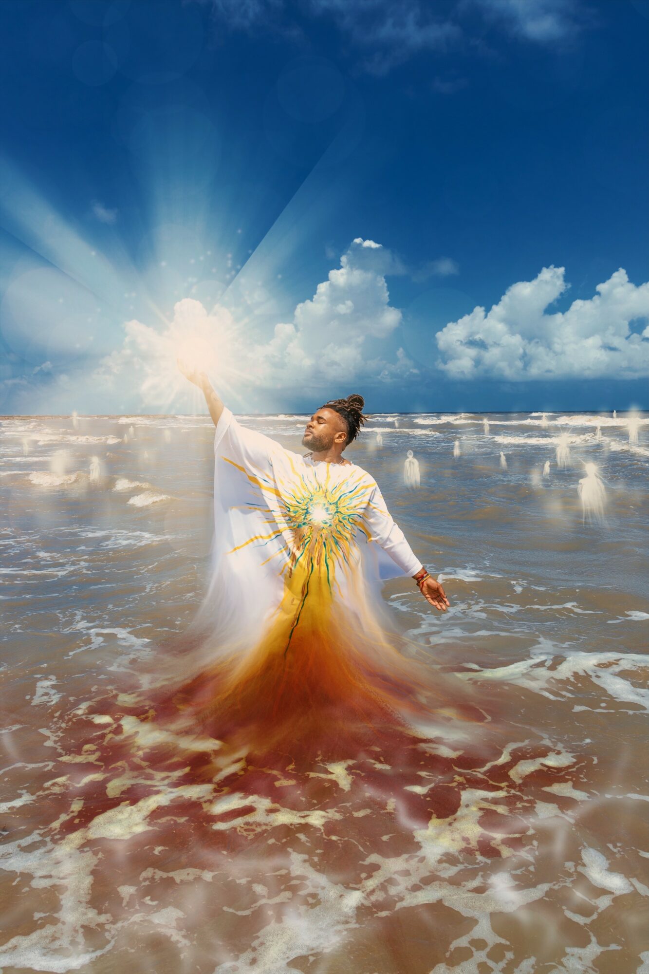 Person standing in ocean waves holding a bouquet, with the sun shining and blue sky with clouds above.