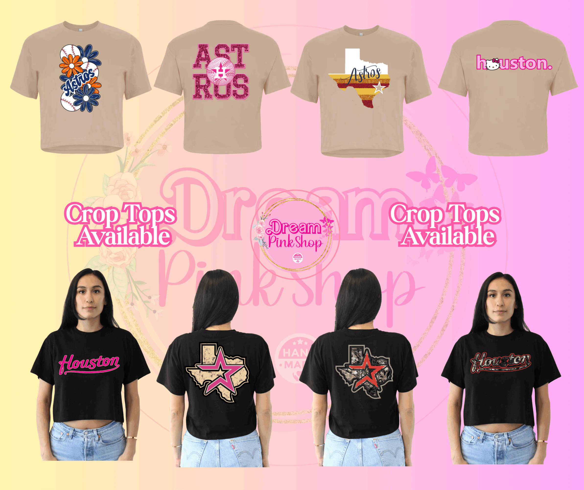 Four beige T-shirts with various designs and four black T-shirts with Houston-themed designs, all worn by women. Pink background.