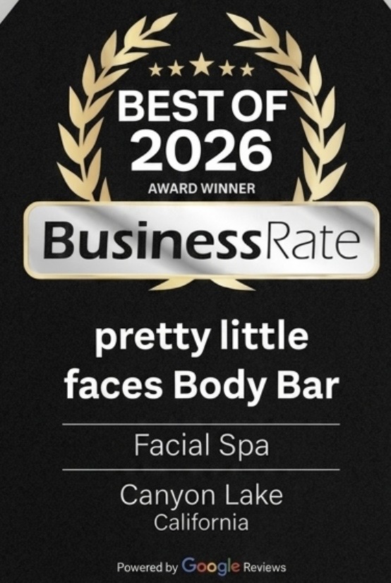 Award badge with laurel wreath, text 'Best of 2026', 'BusinessRate', and details about a facial spa in Canyon Lake, California.