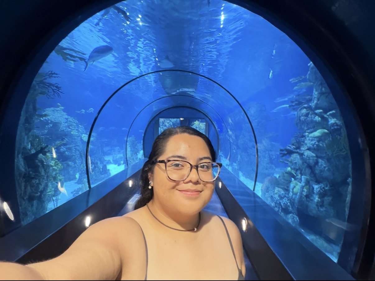 Person taking a selfie in front of an underwater tunnel with fish and coral visible through the glass.