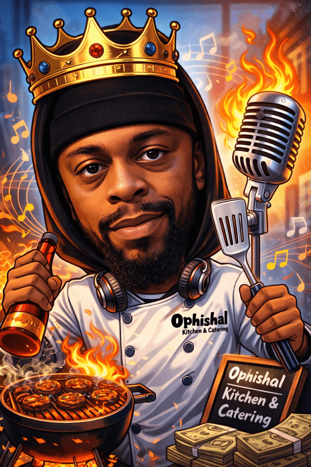 Caricature of a man wearing a crown and chef's uniform, holding a spatula and a grill with flames, with a microphone nearby.