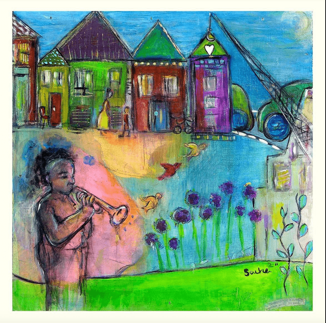 Child playing trumpet near colorful houses, with flowers and birds in a vibrant outdoor scene.