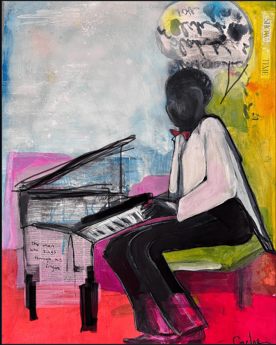 Person with dark hair playing piano, sitting on a pink and green surface, with a speech bubble above. Bright background colors.