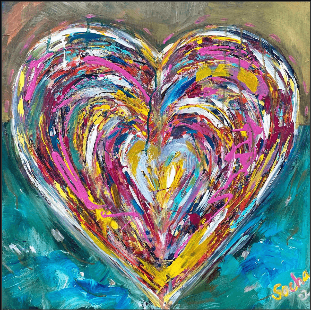 Colorful abstract heart with vibrant brushstrokes, yellow, pink, purple, and blue, on a dark background, signed in the bottom right corner.