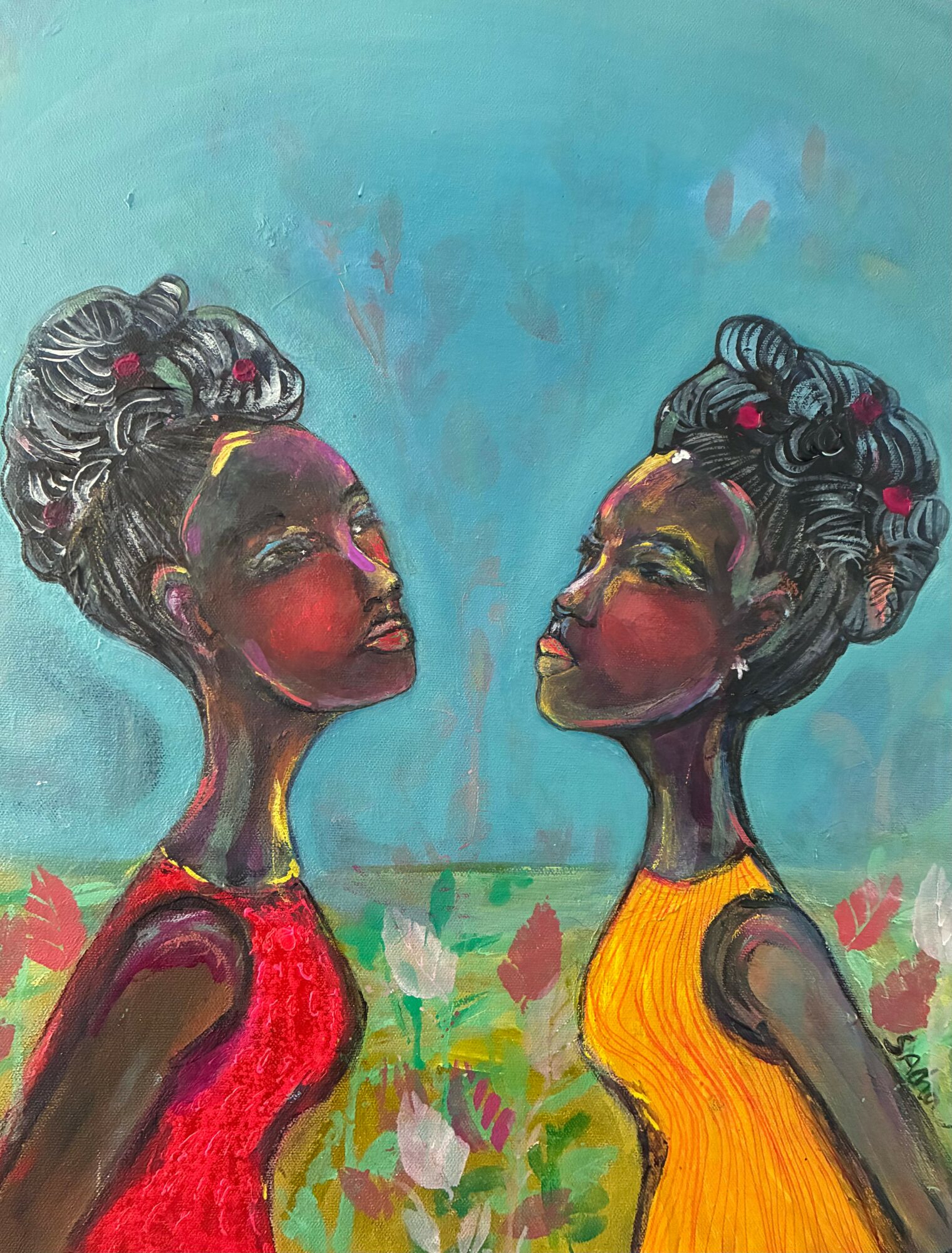 Two women with styled hair and colorful dresses face each other against a blue background with floral elements.