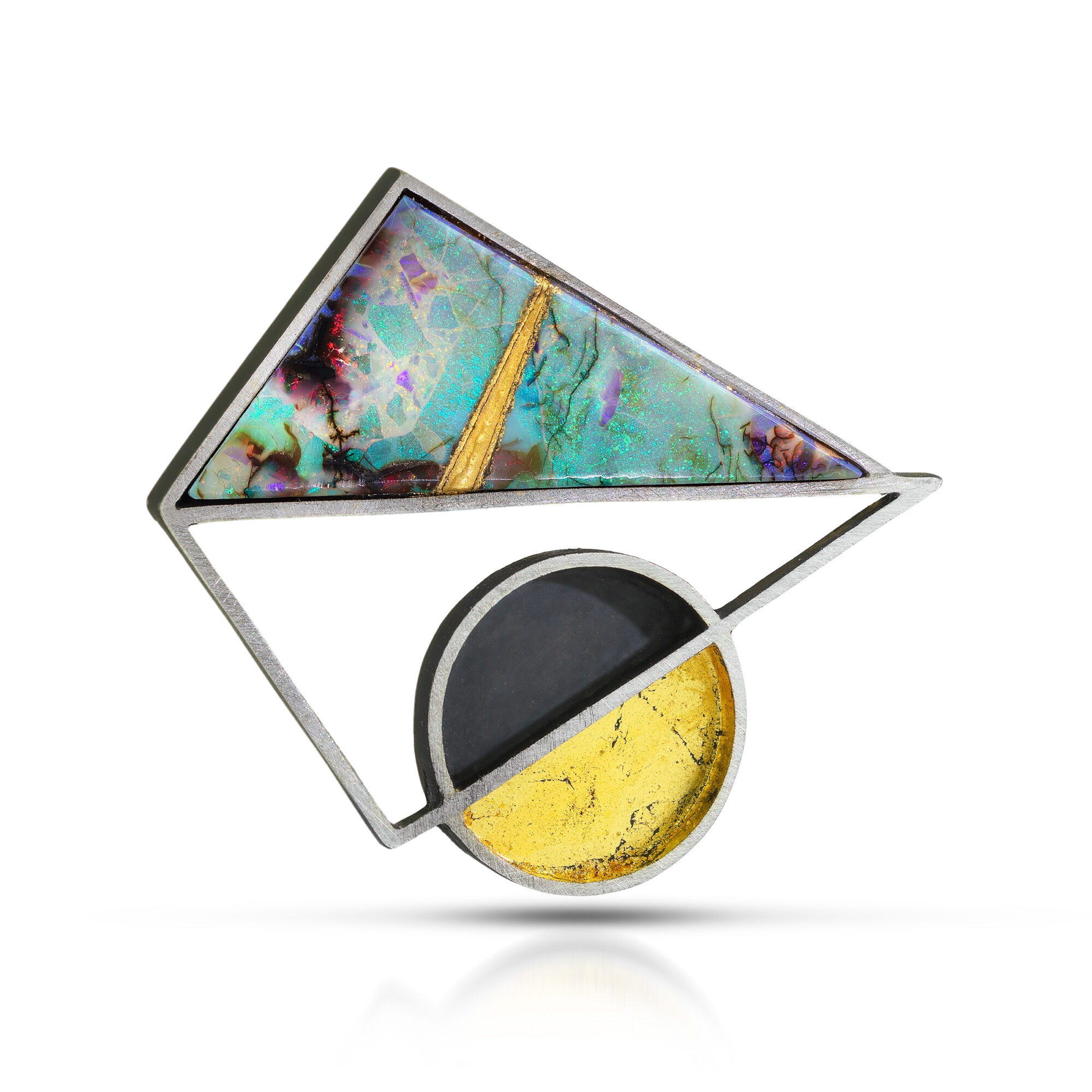 Abstract geometric design with colorful shapes and black and yellow sections, on a white background.