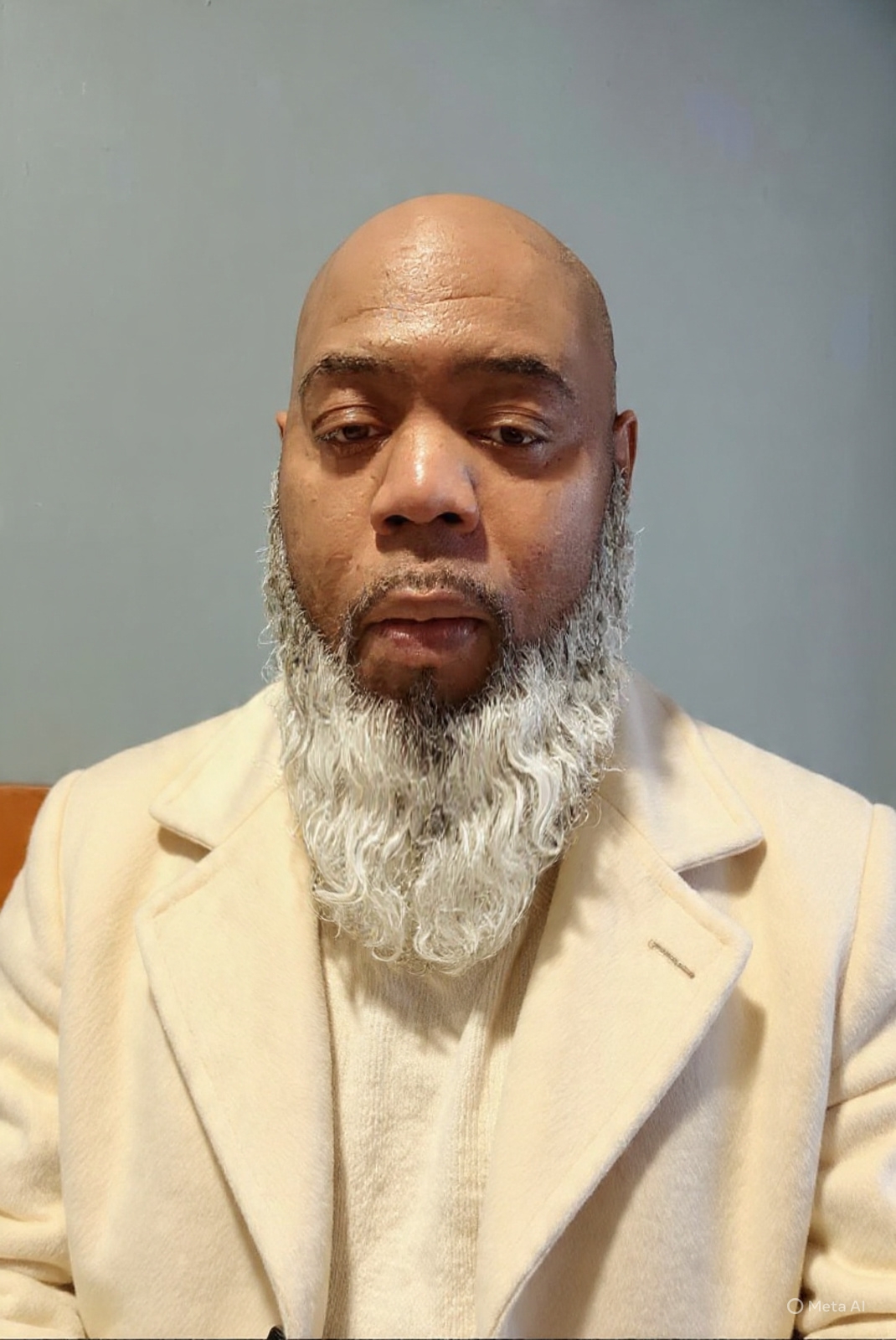 Portrait of a man with a bald head and a long gray beard, wearing a beige blazer and a light-colored shirt, against a plain background.