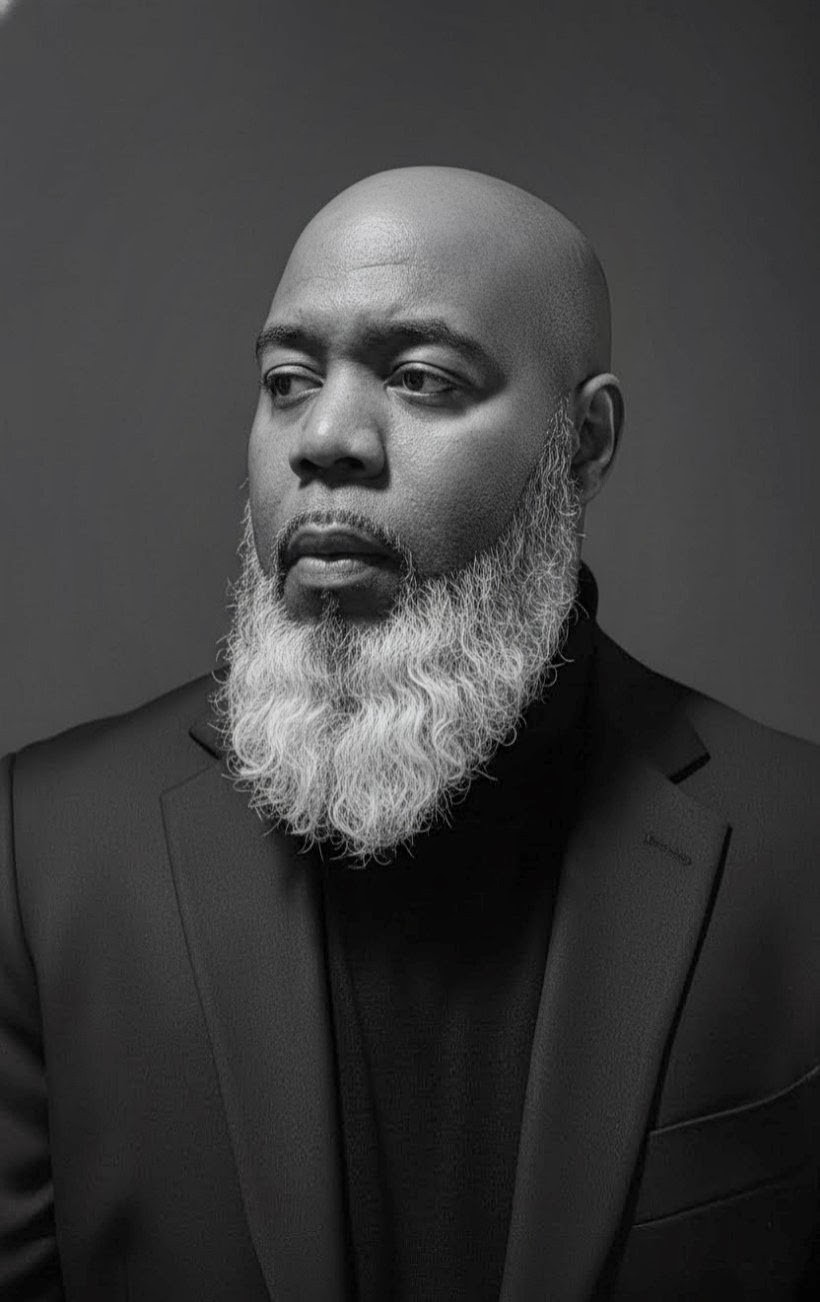 Portrait of a bald man with a long beard wearing a dark suit and turtleneck, looking to the side.