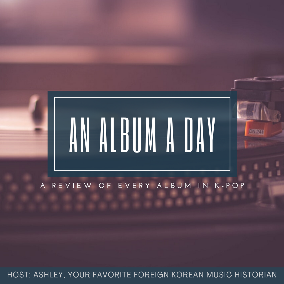 Record player with a vinyl record and a box of cigarettes, with text about K-pop albums and a Korean music historian.