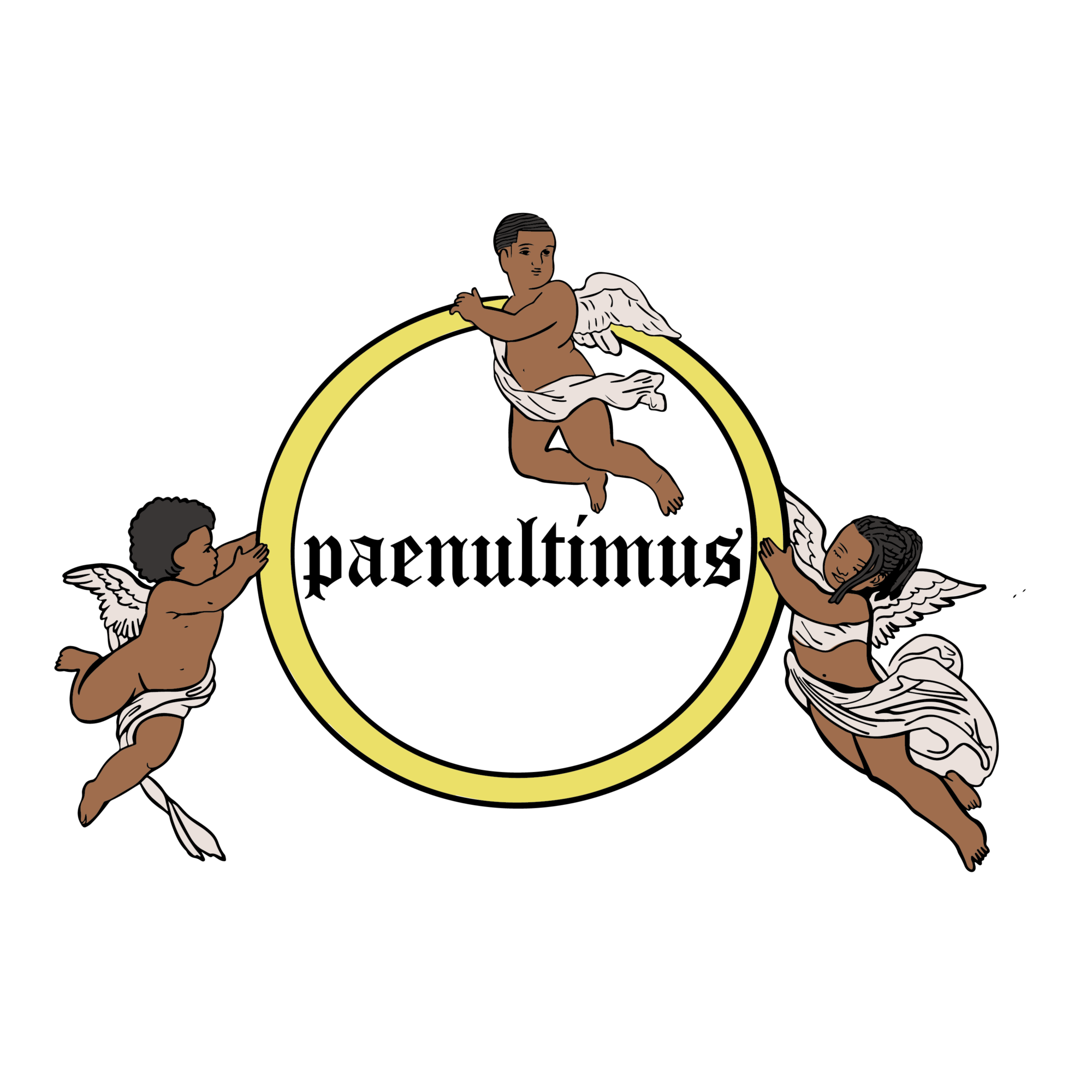 Three children with wings and cloths, flying around a yellow circle on a black background.