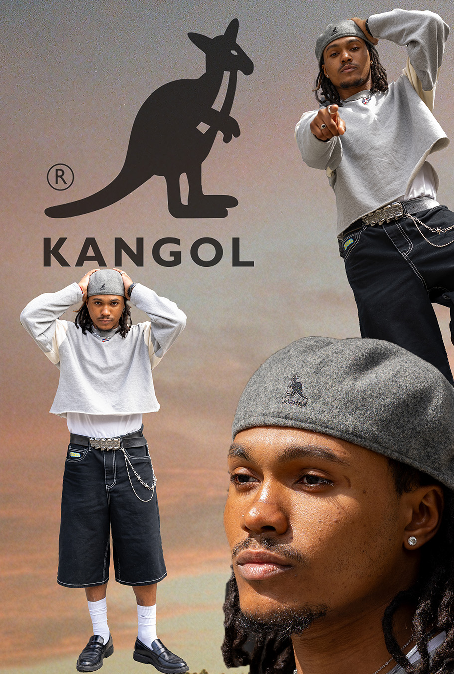 Three people pose outdoors against a cloudy sky, with a kangaroo logo and text reading 'KANGOL' in the background.