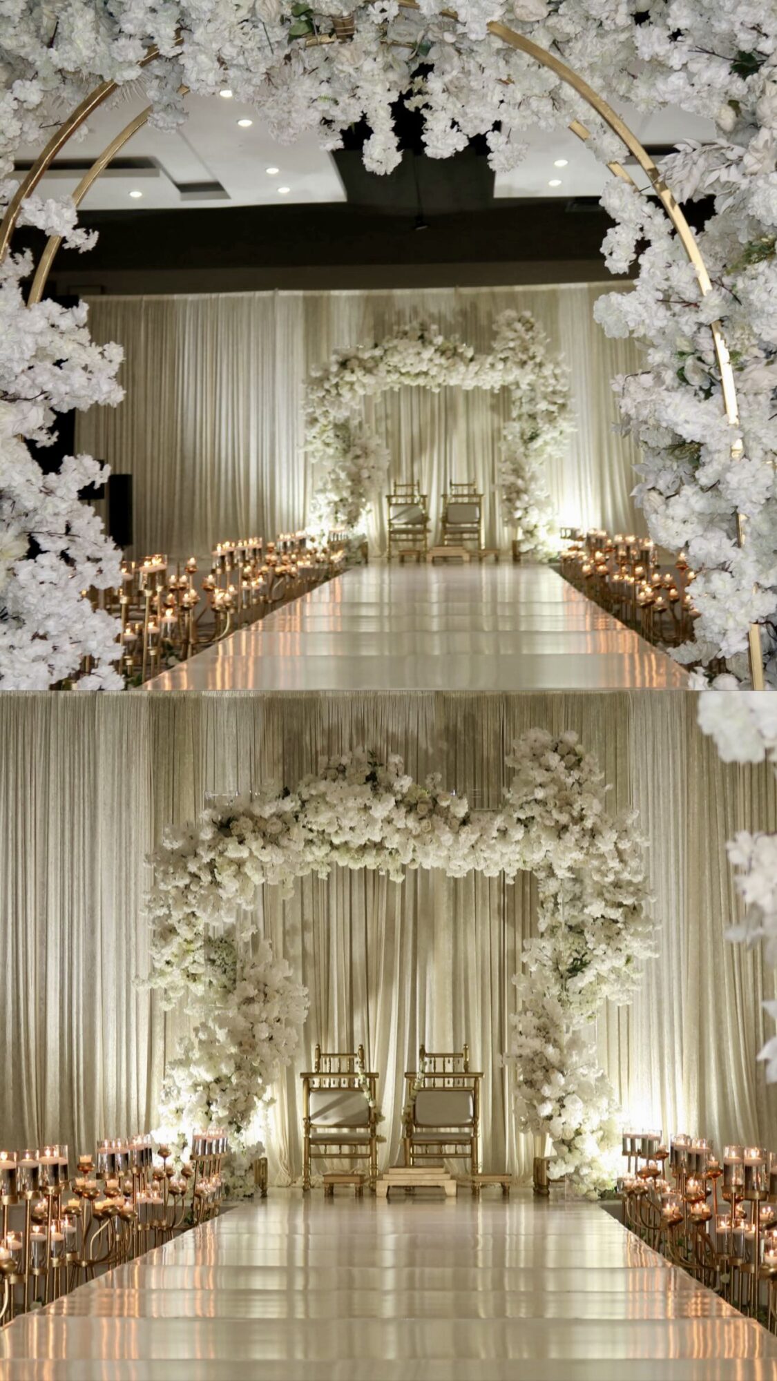 Wedding ceremony setup with floral arch, chairs, and aisle decorated with flowers and candles, in a decorated hall.