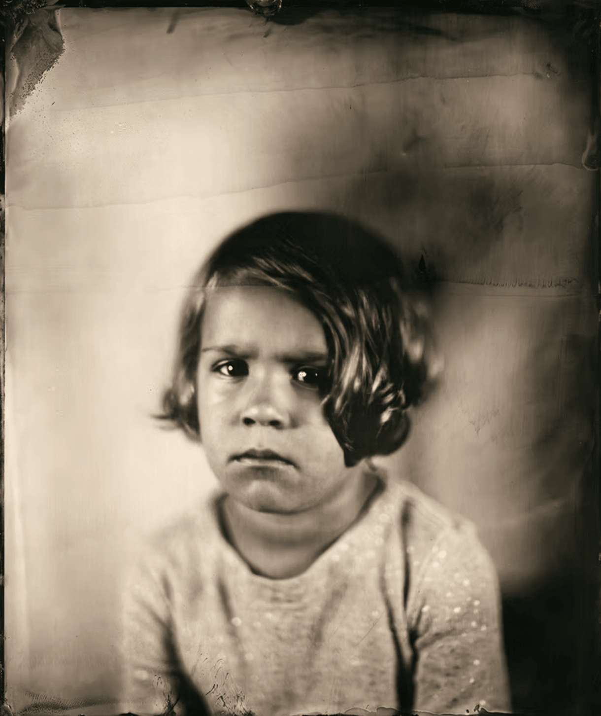 Child with short hair and a serious expression, wearing a light-colored shirt, in black and white.