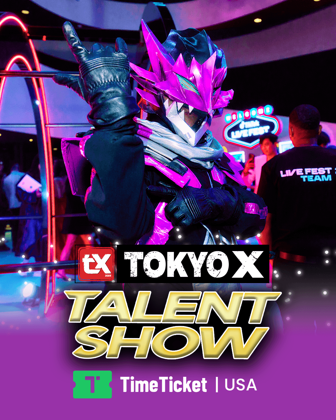 Person in a colorful, robotic costume with a purple and black helmet at Tokyo X Talent Show, with event signage in background.
