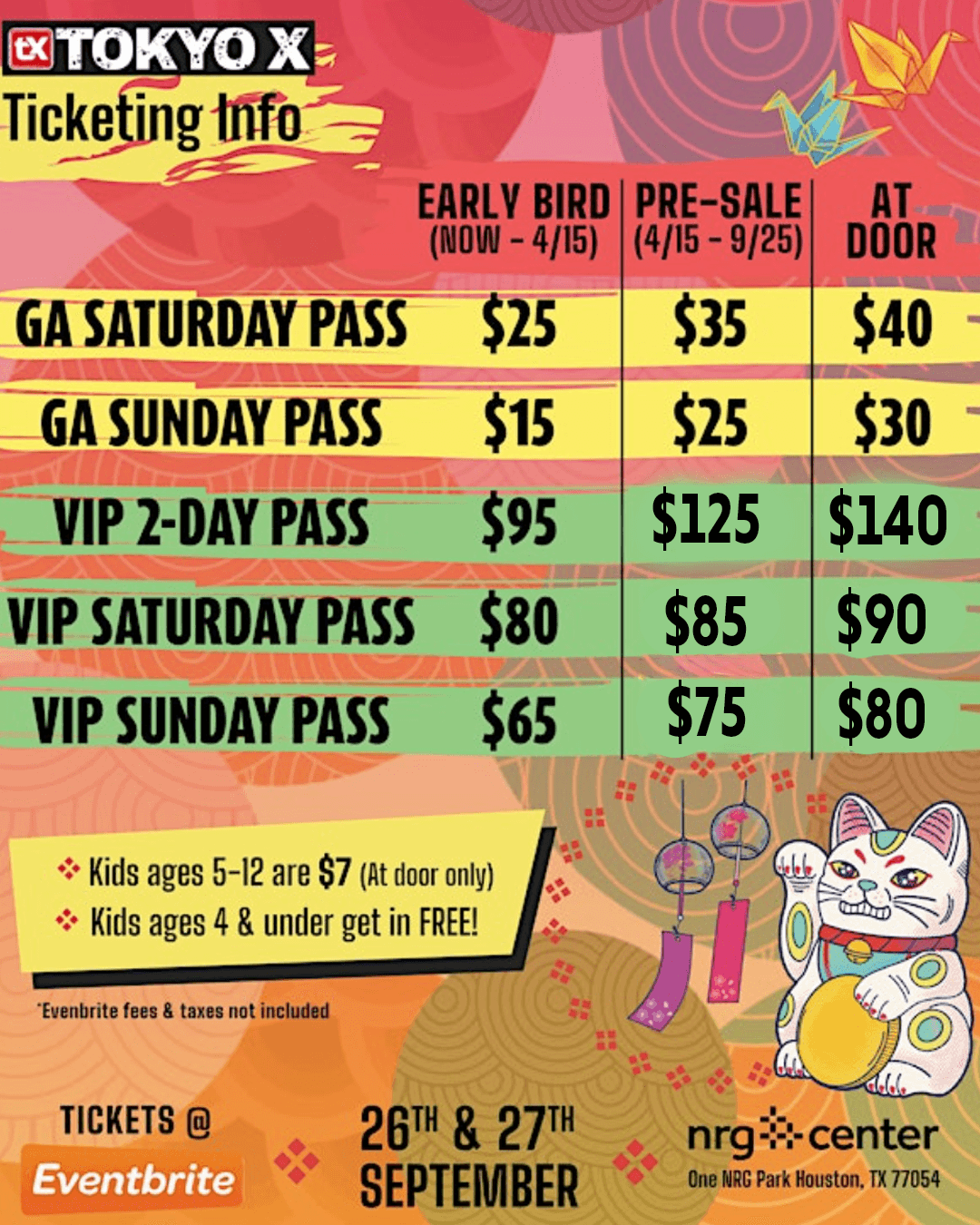 Ticketing information for Tokyo X event with various passes and prices, colorful background, cartoon animals, and event dates.