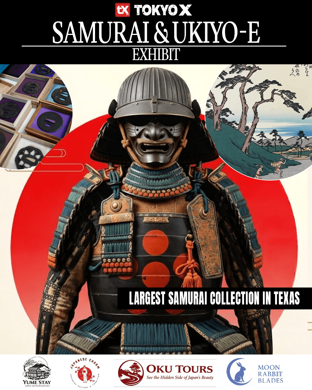 Display of samurai armor and artwork at an exhibit, with text about a samurai collection in Texas.