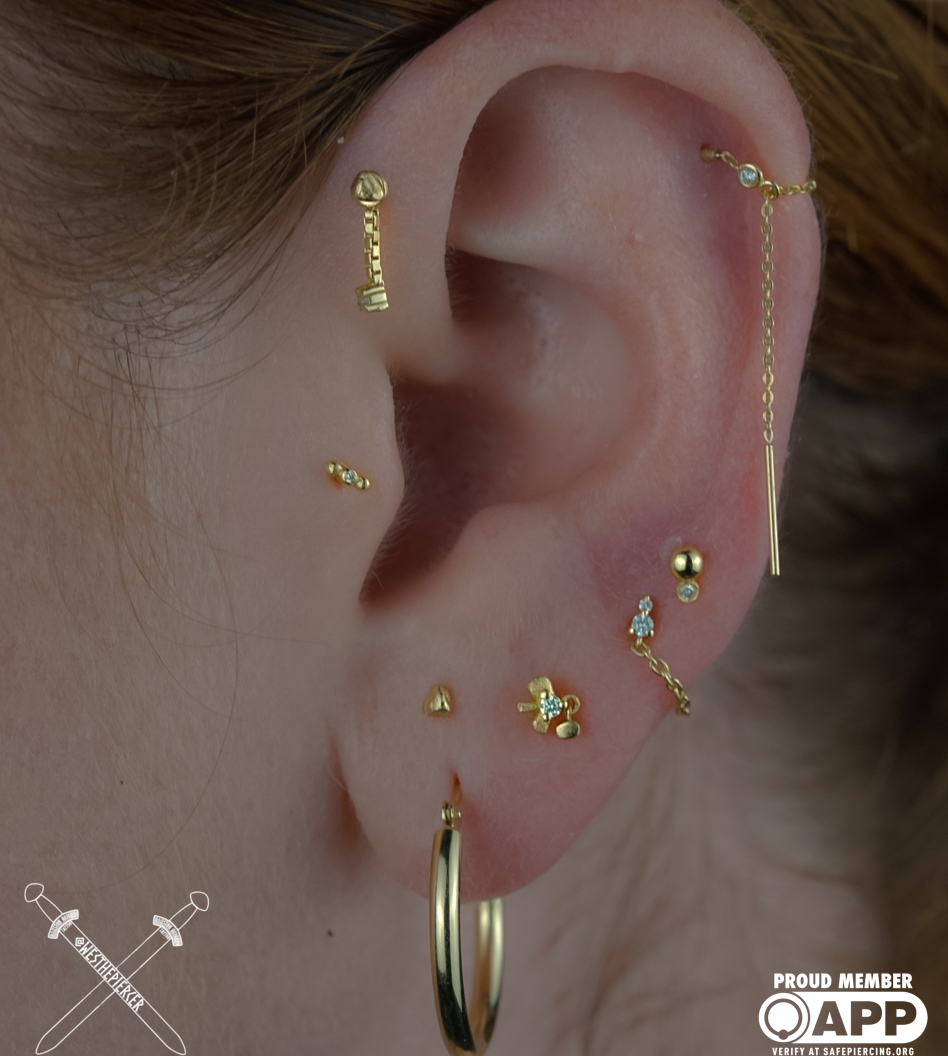 Close-up of a person's ear with multiple gold earrings, including hoops, studs, and chains, some with small gemstones.