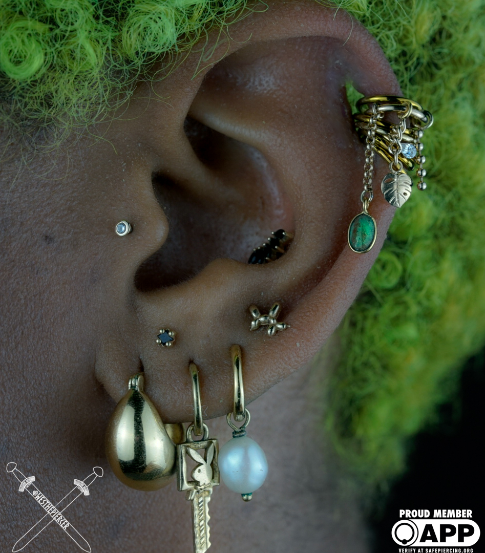 Close-up of a person's ear with multiple earrings, including hoops, studs, and dangling jewelry, against a green background.