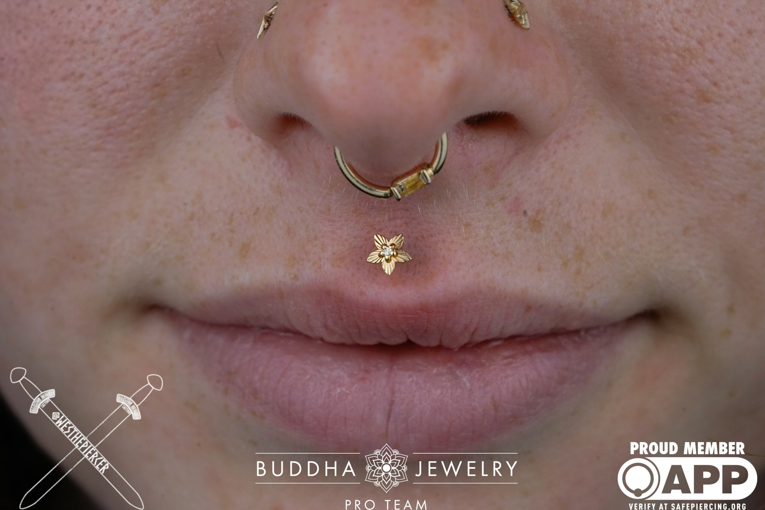 Close-up of a person's nose and lips with multiple facial piercings, including a septum and lip jewelry, and a small tattoo below the nose.