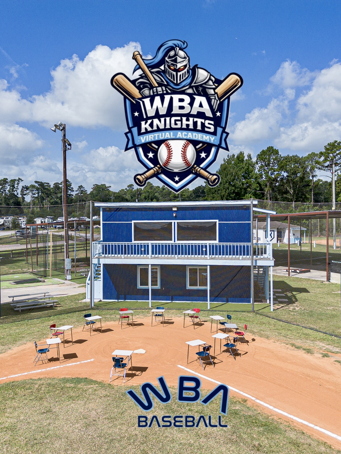 Baseball field with a large WBA Knights logo sign above a blue building, and a WBA Baseball sign on the ground, under a blue sky.