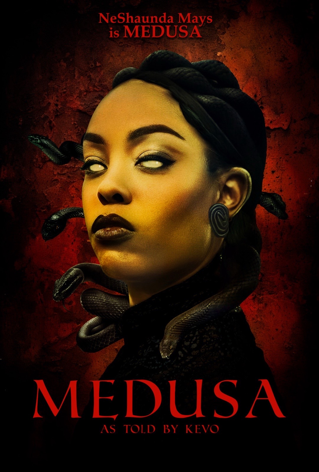 Portrait of a woman with dark makeup and braided hair, with snakes around her neck and shoulders, against a red background.