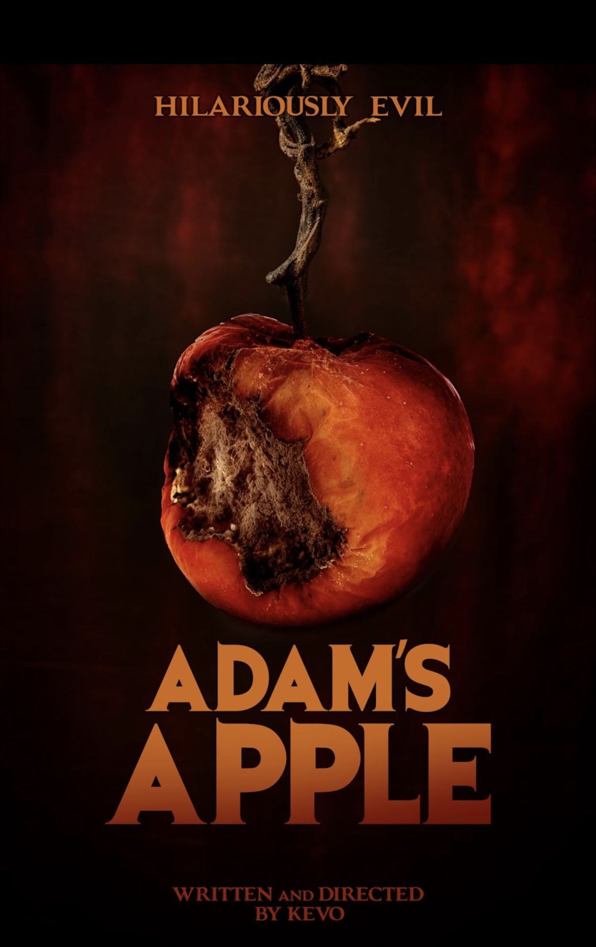 Burnt apple with smoke rising, dark background, title 'Adam's Apple', tagline 'Hilariously Evil', and credits at bottom.