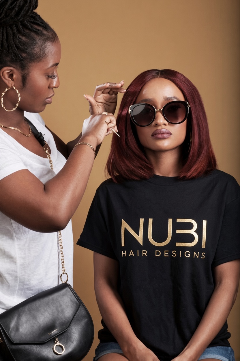 A stylist adjusts a woman's sunglasses in a salon, woman wears a black T-shirt with gold text, background is beige.