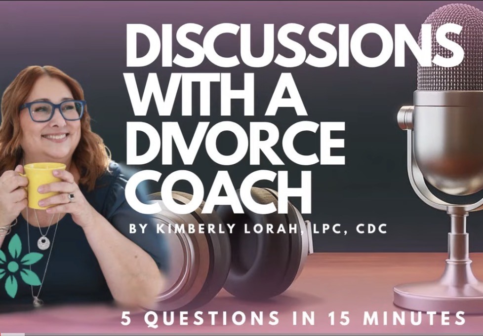 Woman with glasses holding a yellow mug, smiling, next to a microphone, with text about discussions with a divorce coach.