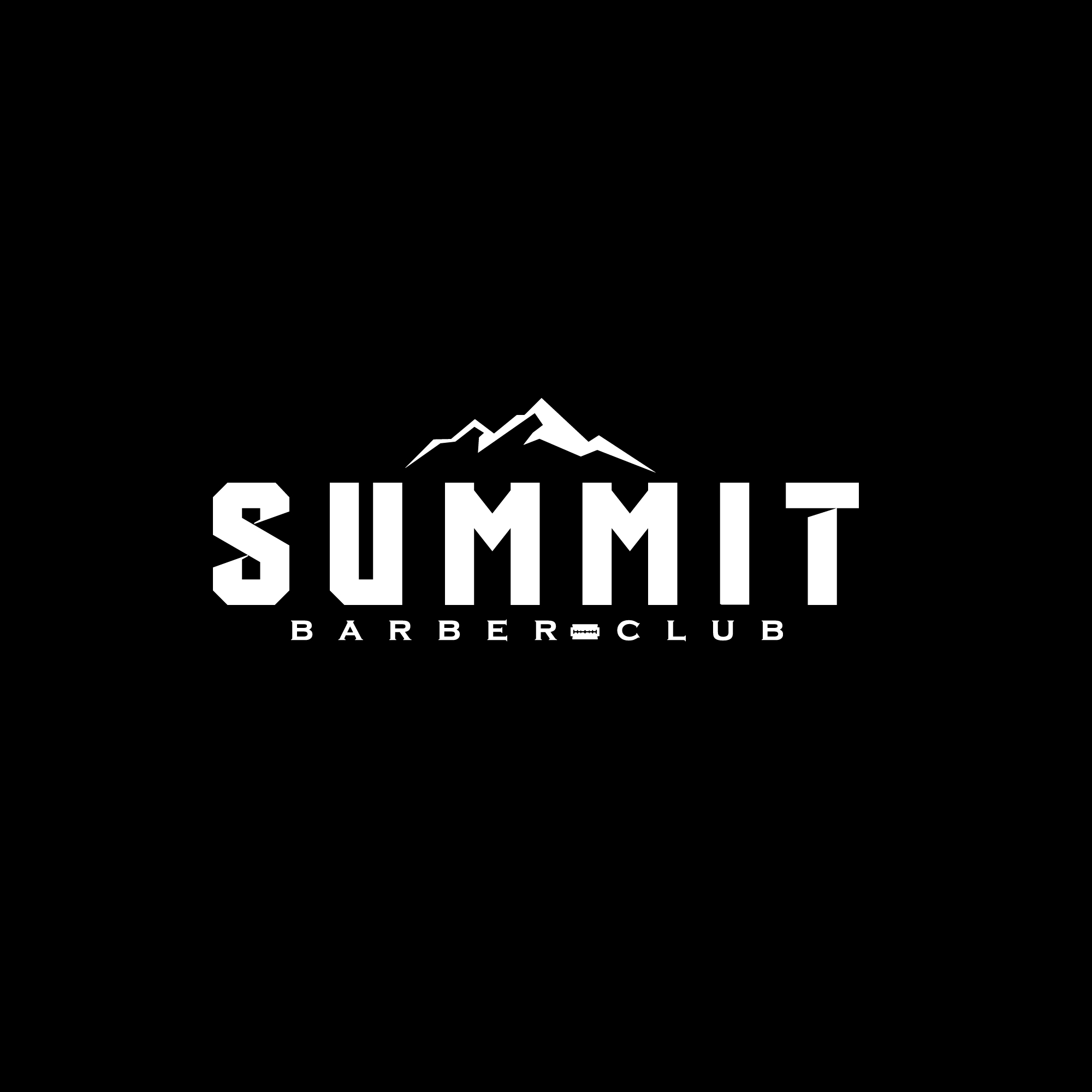 Black background with white mountain logo and text reading 'SUMMIT BARBER CLUB'.