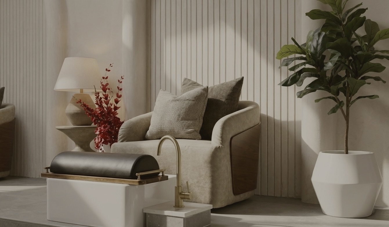 Living room with beige sofa, cushions, a white side table, a potted plant, and a lamp, in neutral tones.