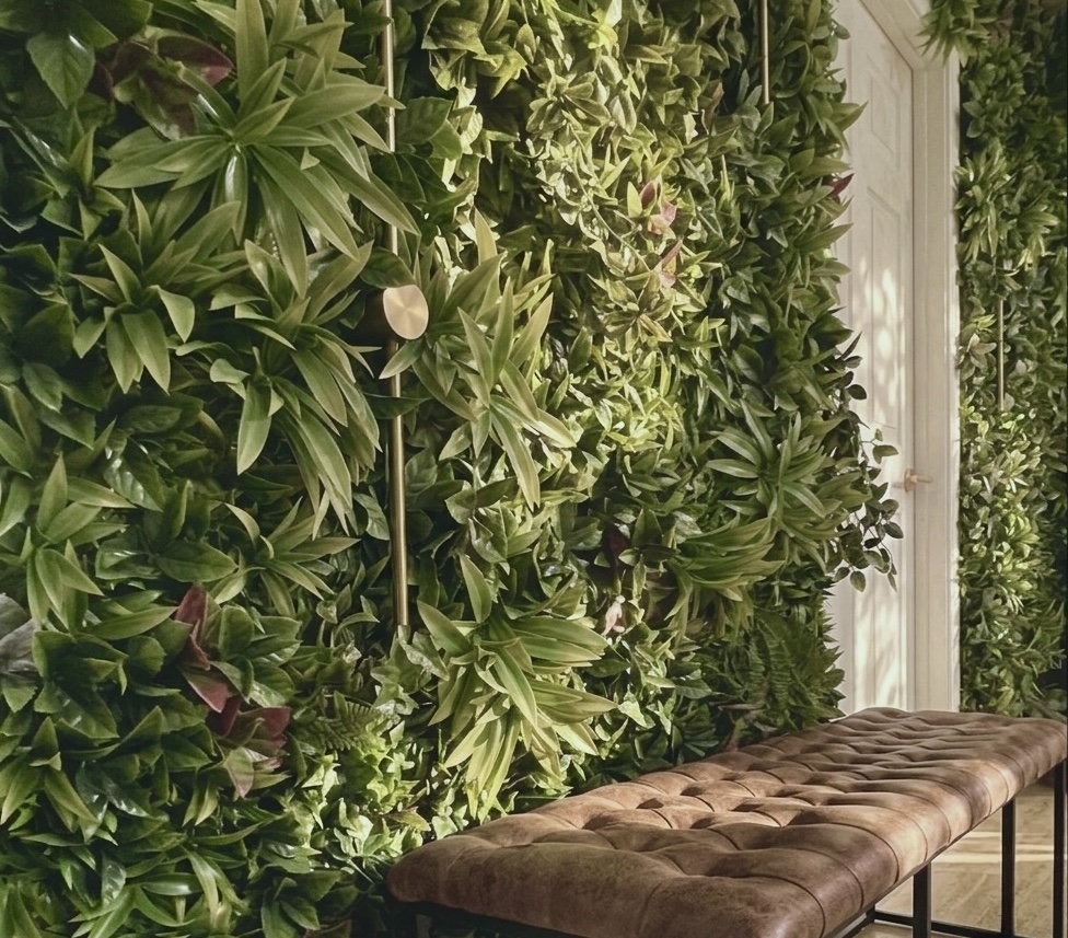 Green leafy wall with a brown cushioned bench in front, plants with various shades of green and some purple accents.