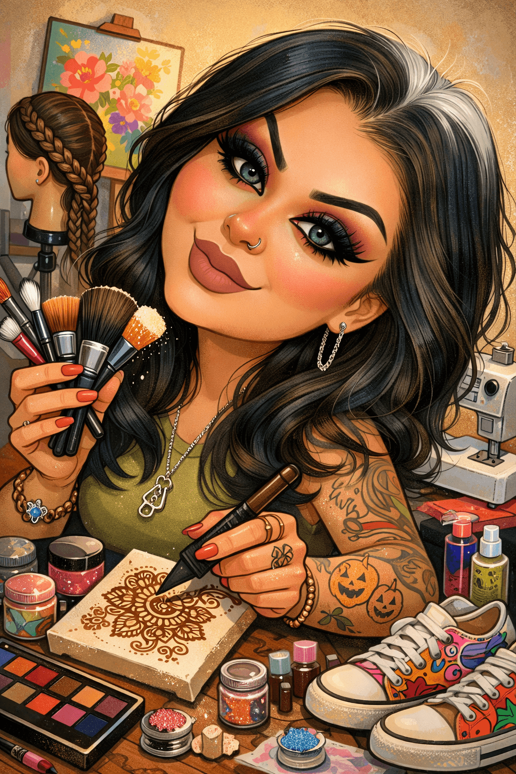 A woman with dark hair and tattoos, holding makeup brushes, surrounded by makeup products and sneakers.