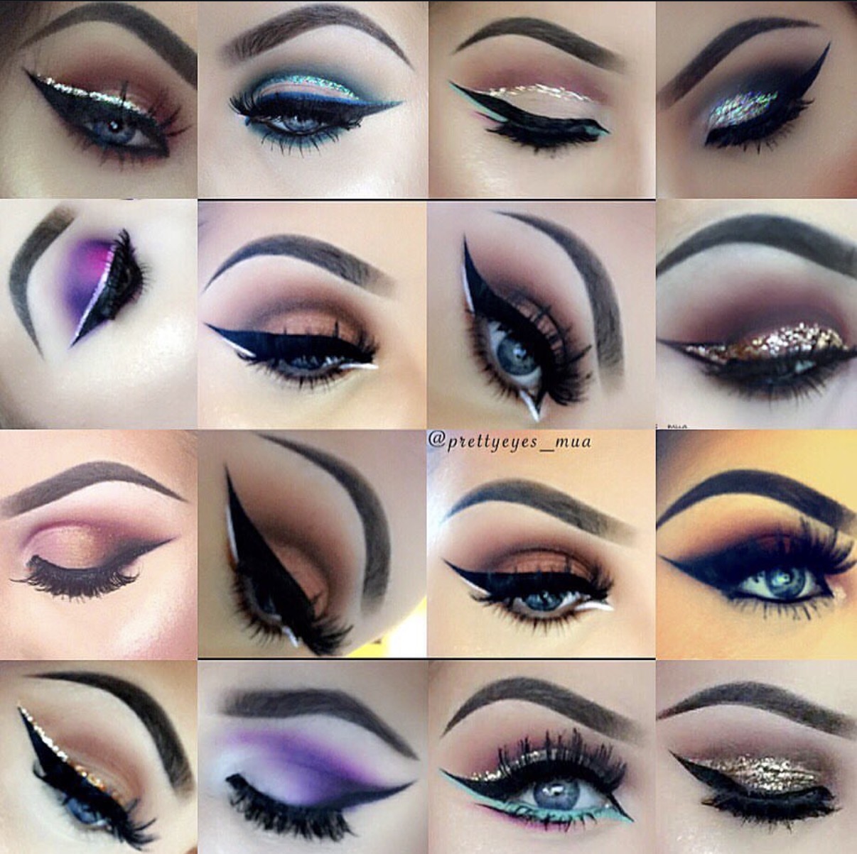 Close-up of various eye makeup looks with colorful eyeshadows and eyeliner, showcasing different styles and techniques.