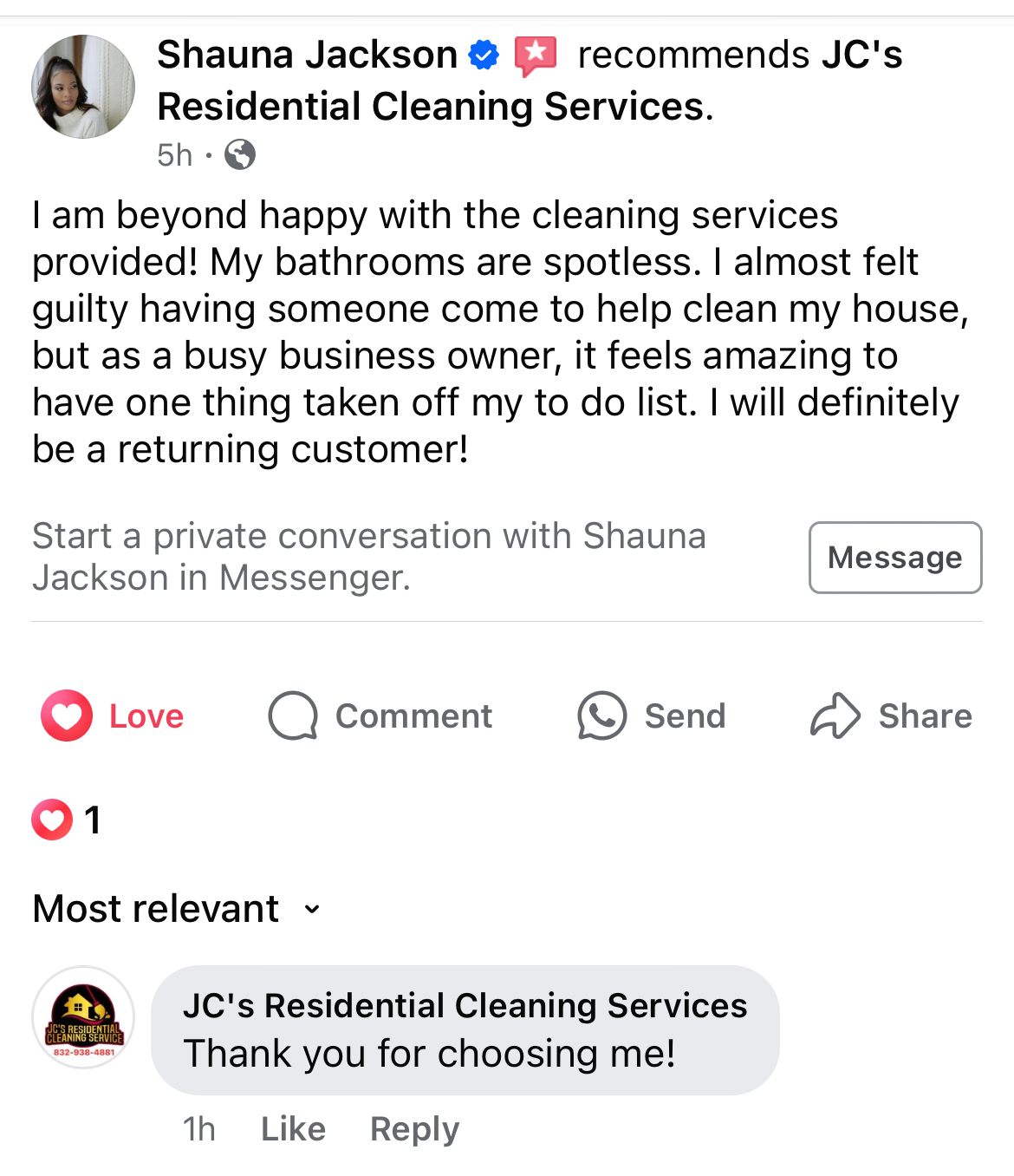 Screenshot of a Facebook recommendation for JC's Residential Cleaning Services, praising the service and thanking the owner.