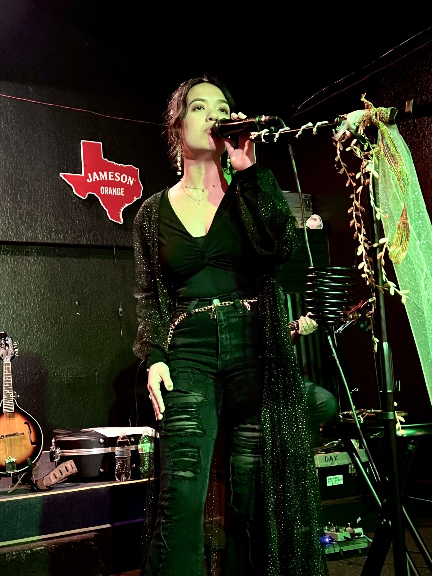 A woman singing into a microphone on stage with musical instruments and a sign in the background.