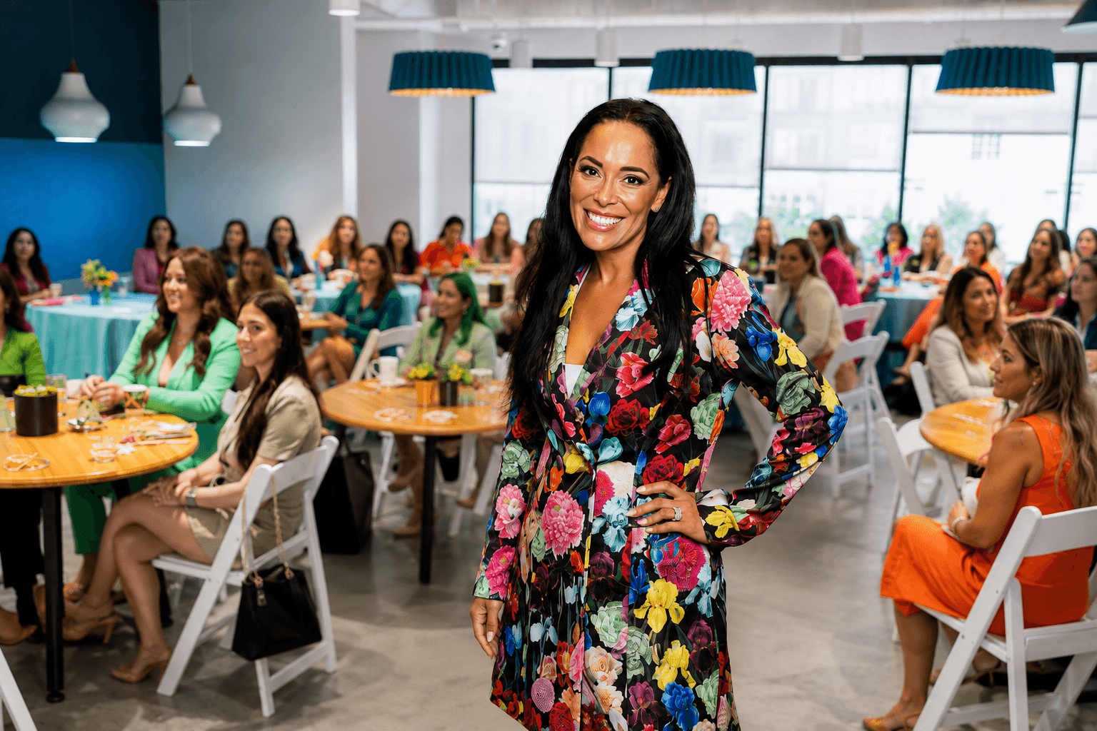 Smiling woman in a colorful floral dress stands in a bright, busy conference room with seated attendees at round tables.