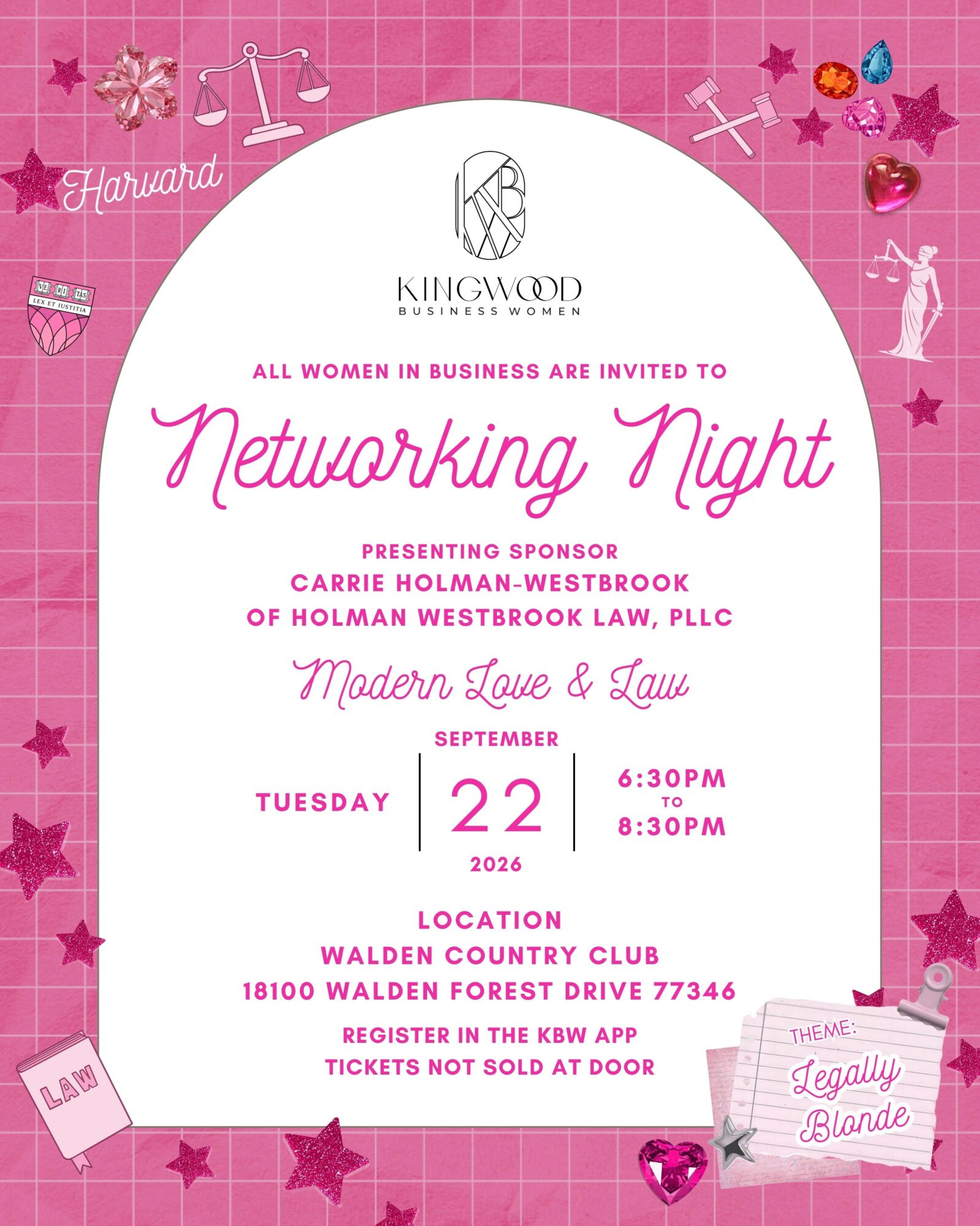 Pink event invitation for Networking Night, featuring details about date, time, location, and sponsor, with decorative stars and hearts.
