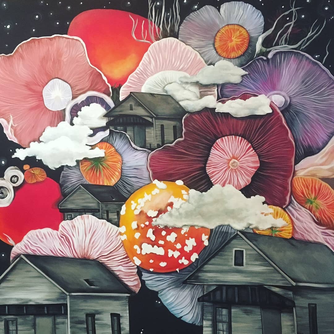 Colorful abstract scene with flowers, houses, clouds, and a sun, blending natural and surreal elements.