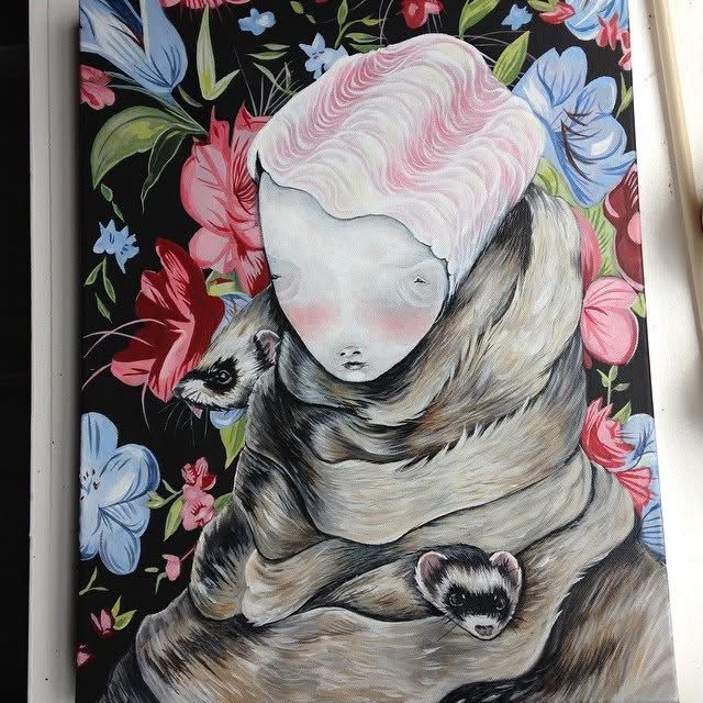 Child with pink hair hugging a raccoon surrounded by colorful flowers and leaves.