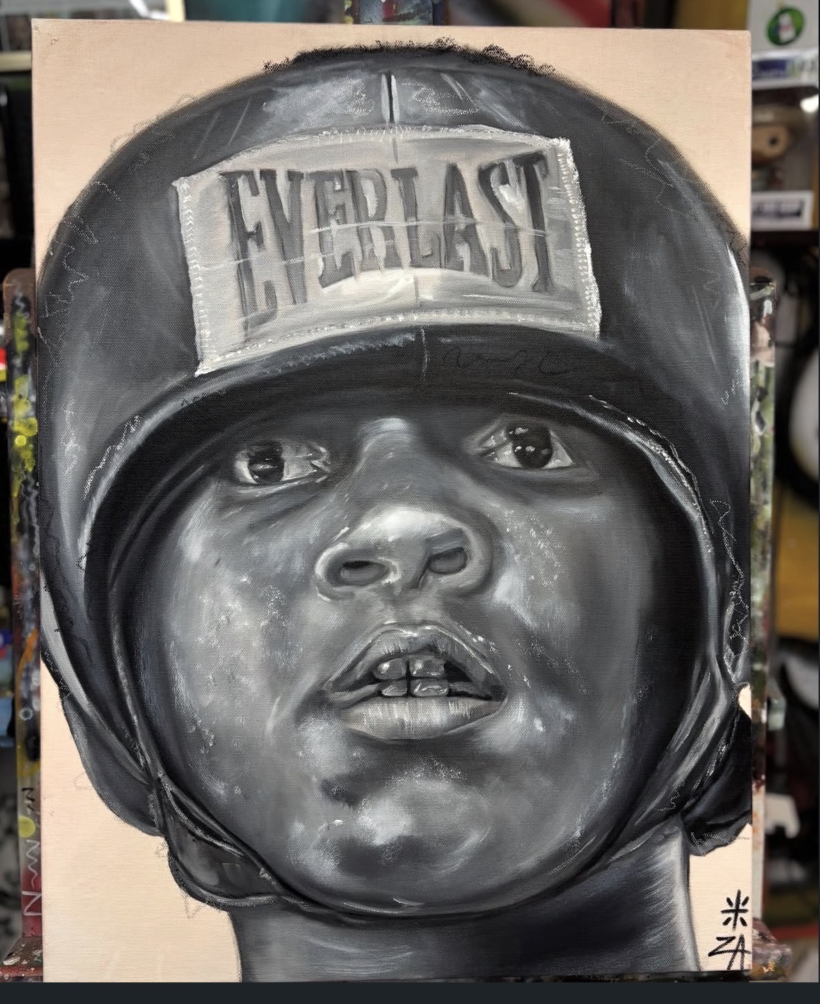 Black and white painting of a child's face wearing a helmet with 'Everlast' logo, detailed eyes, nose, and lips.