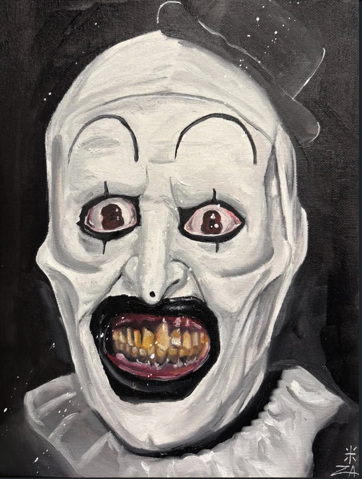 A painted face with exaggerated features, wide eyes, and a large open mouth showing yellow teeth, against a dark background.