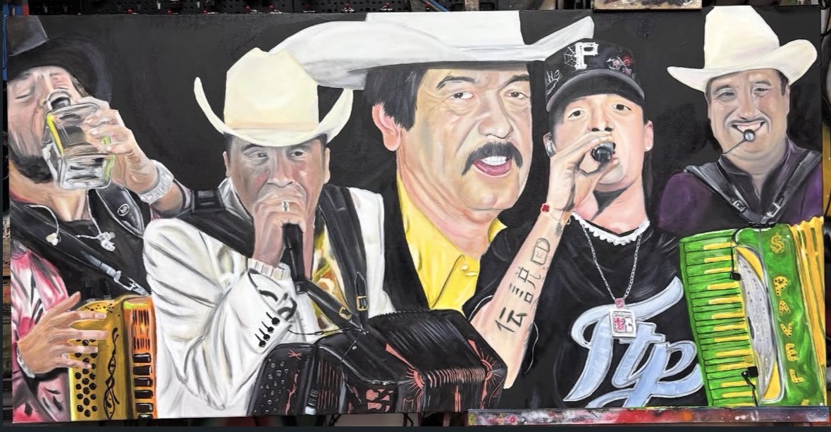 Group of five people wearing cowboy hats, playing musical instruments, with a colorful background.