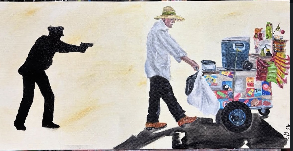 Silhouette of a person pointing at a street vendor with a cart, which has various items for sale.