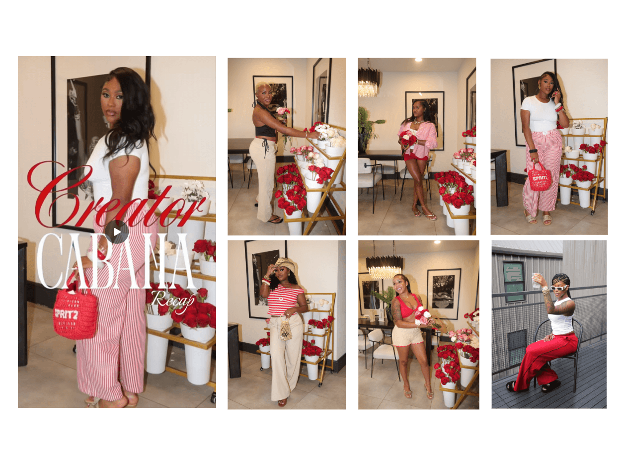 Series of women in pink and white outfits, some with bags, in indoor and outdoor settings, with Christmas decorations.
